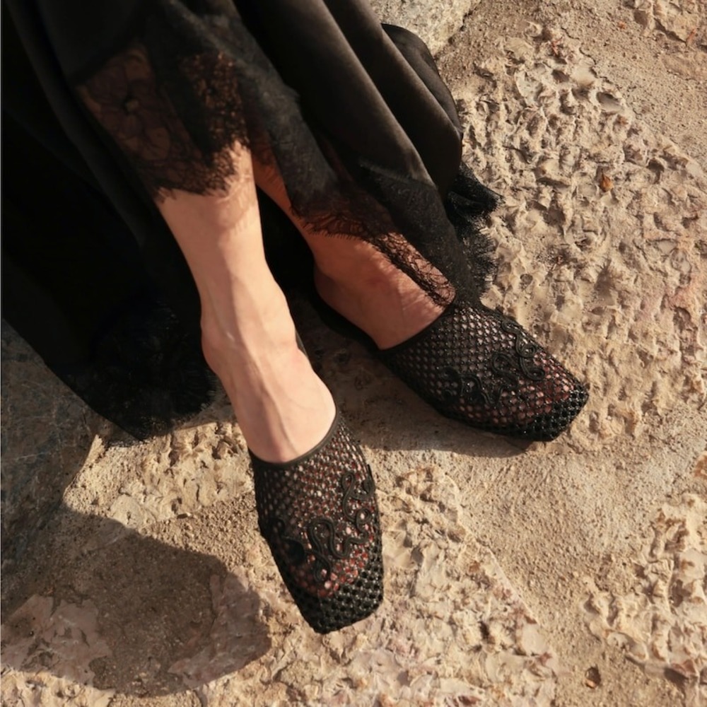 VIVAIA Maura Black Square Toe Raffia Mesh Knit Mules EU 40 US 9 NEW